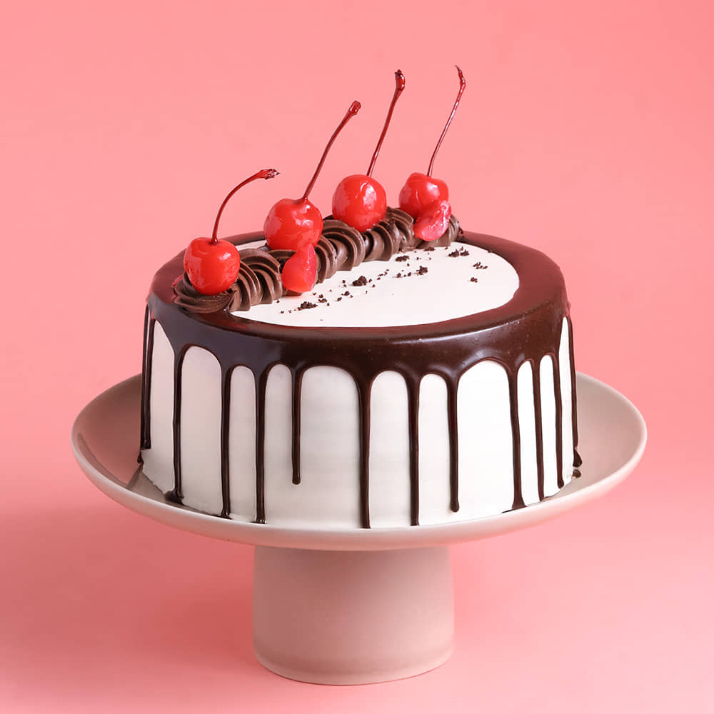 Front View of Chocolate N Cherries Black Forest Drip Cake