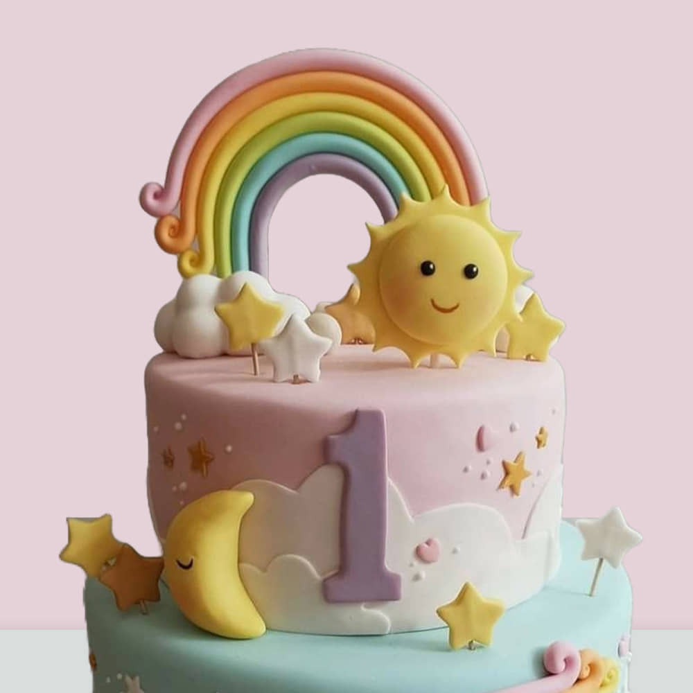 Top View of Cute Sunbeam N Rainbow Fondant Cake