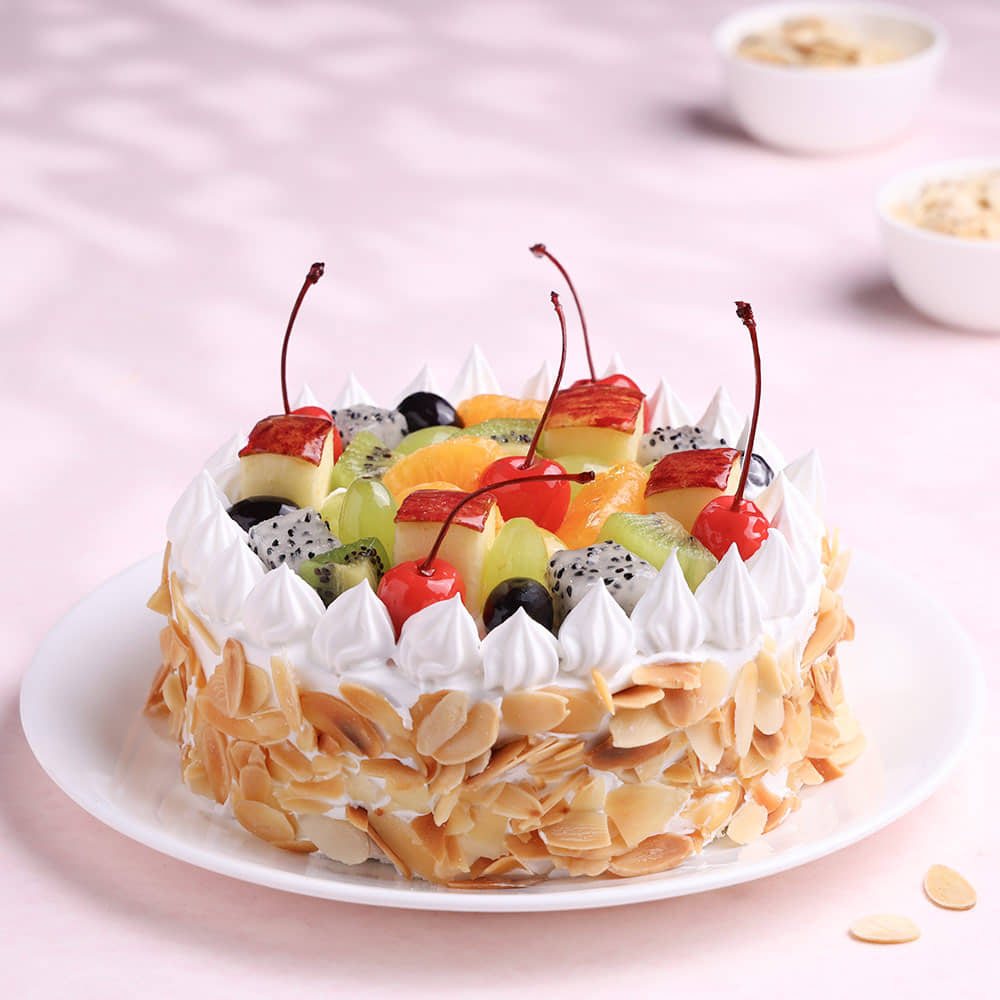 Front View of Tropical Fruit n Almond Cake