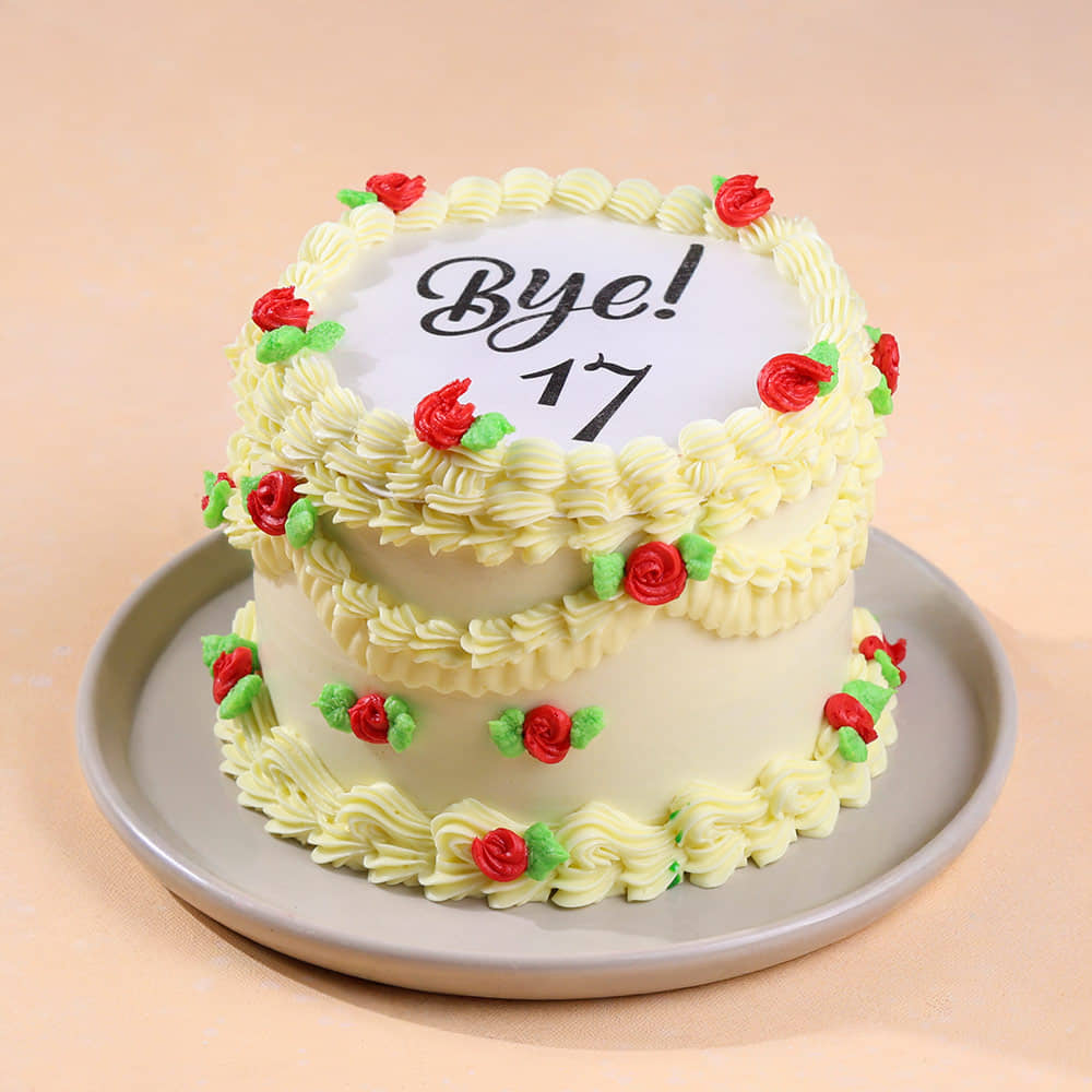Front Angled View of Goodbye Seventeen Fire Cake
