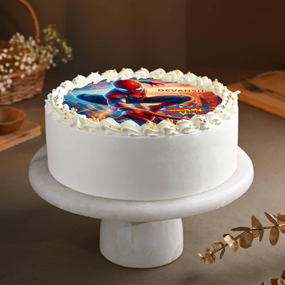 Front View of Heroic Spiderman Photo Cake