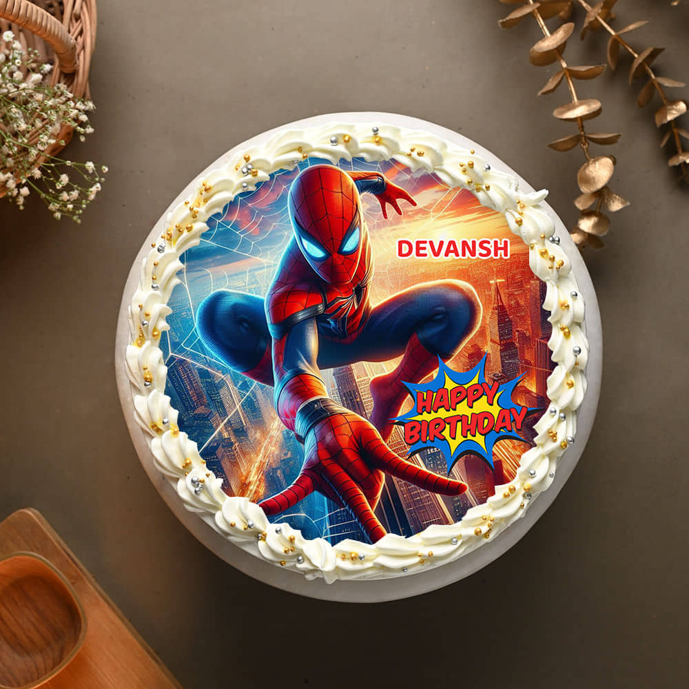 Top View of Heroic Spiderman Photo Cake