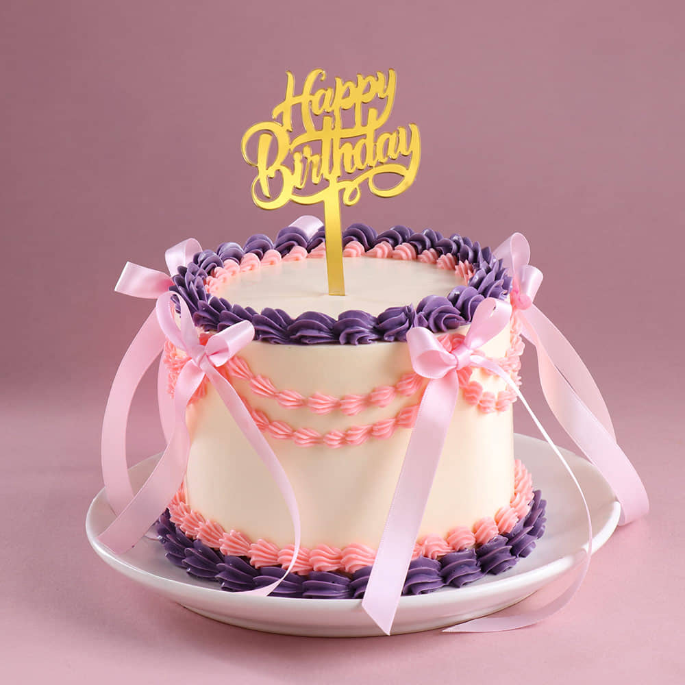 Front Angled View of Lavender Blush Ribbon Cake