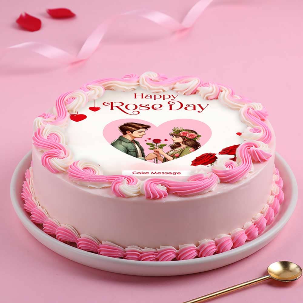 Front View of Loving Couple Rose Day Cake