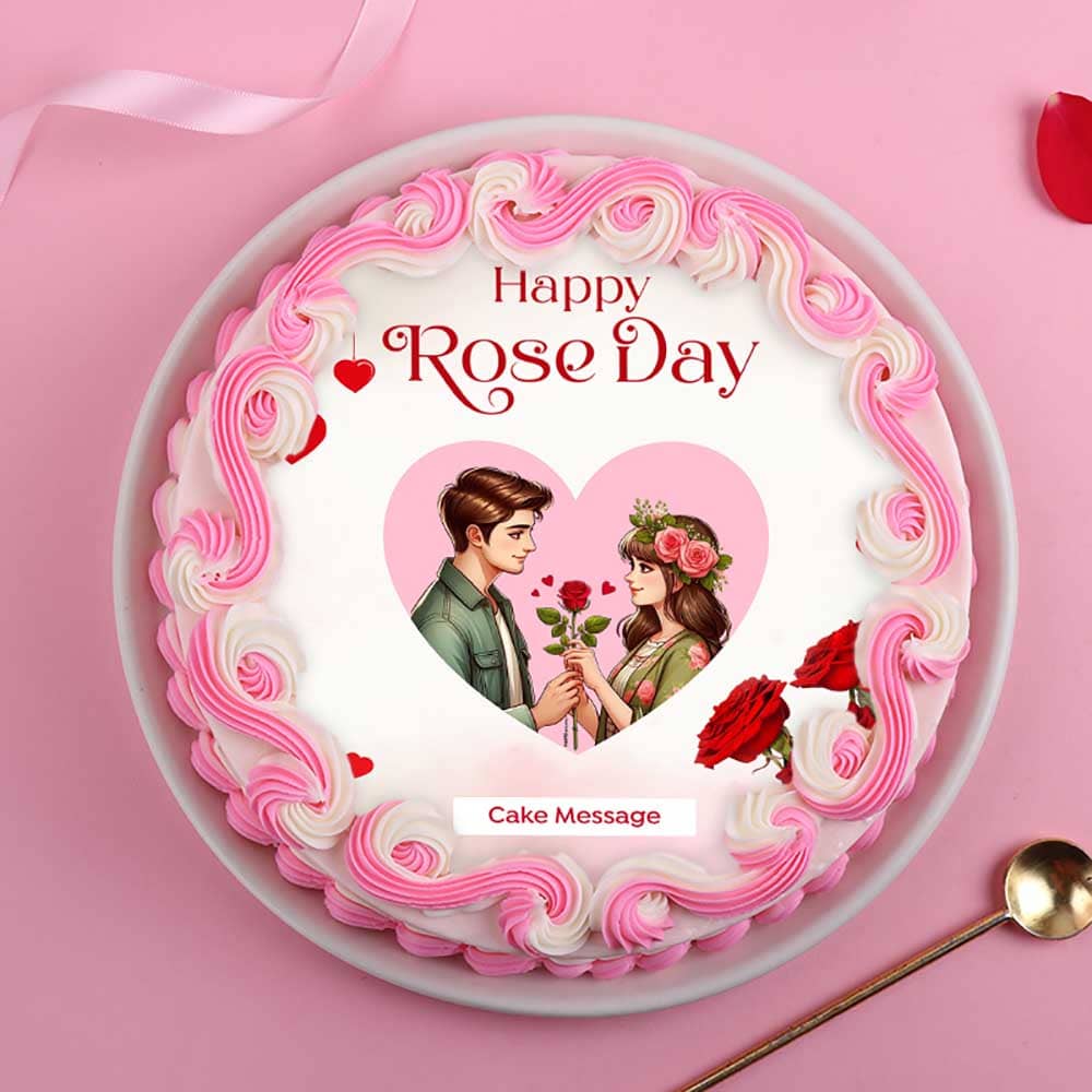 Top View of Loving Couple Rose Day Cake