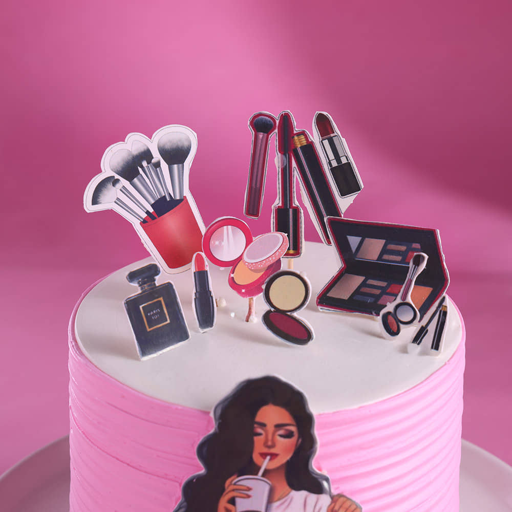 Pink Makeup Theme Cake with Girl Illustration