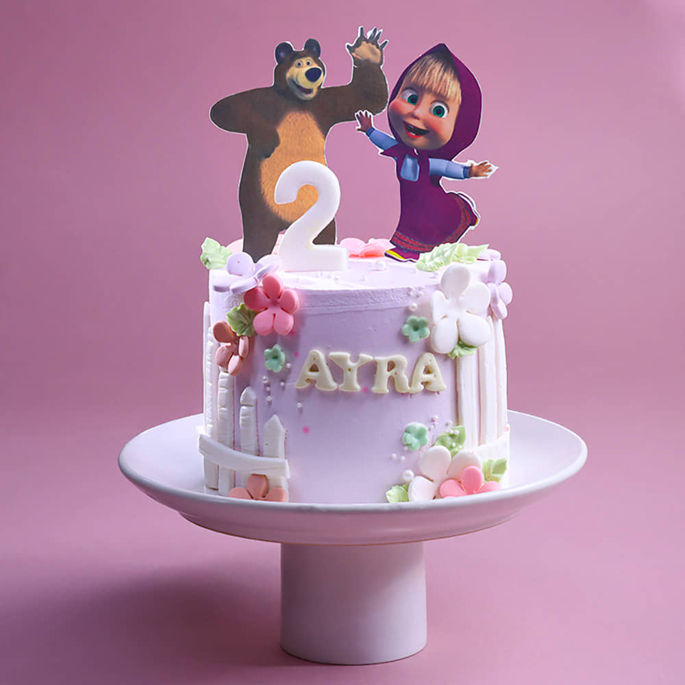 Side View of Masha N Bear Floral Cake