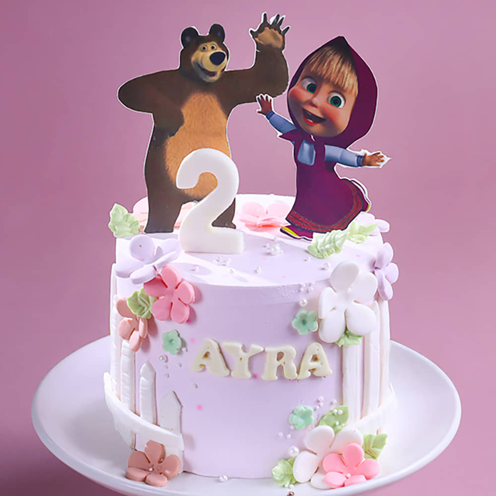 Front View of Masha N Bear Floral Cake