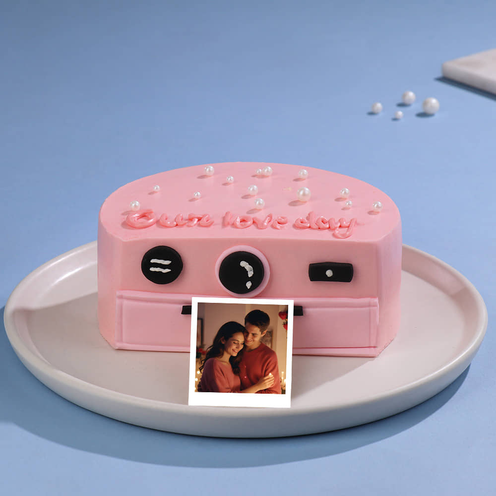 Front Angled View of Our Love Day Camera Cakes