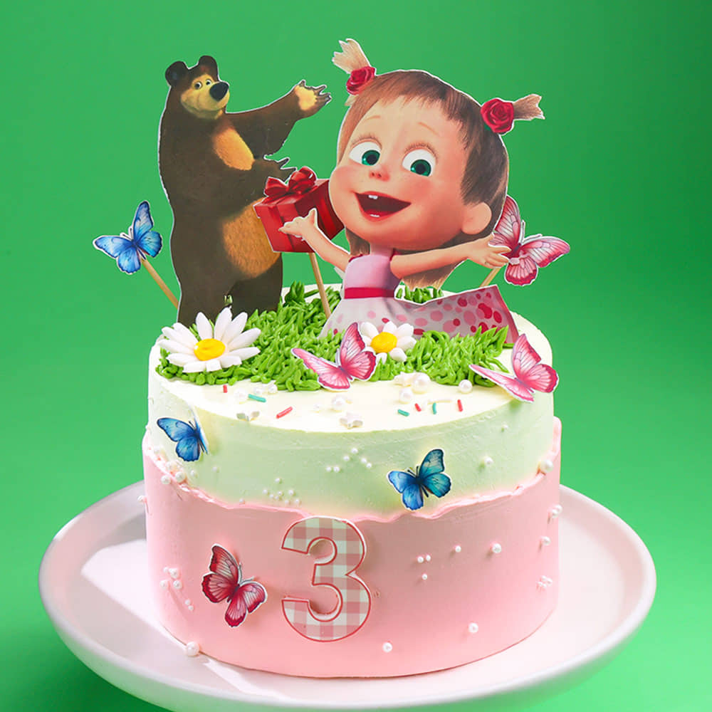 Pink and white Birthday Cake with Masha and the Bear Toppers