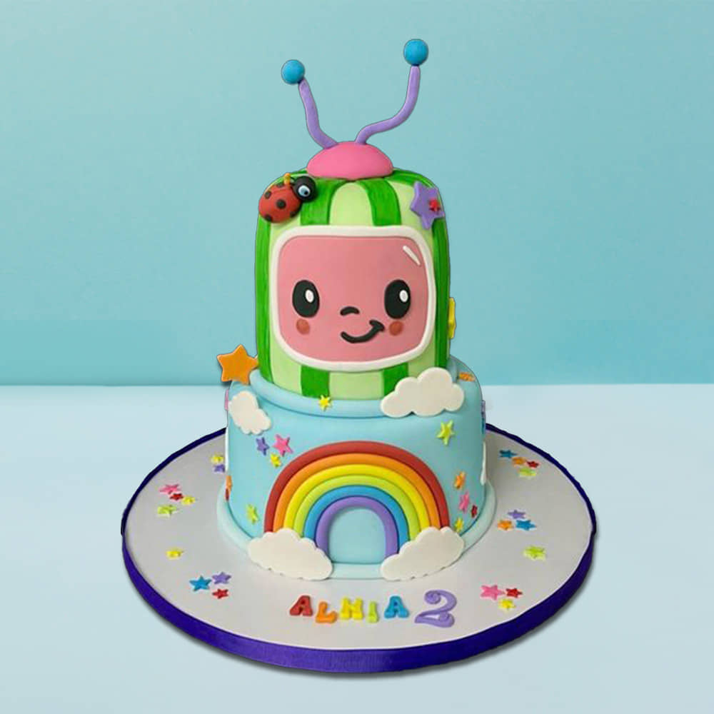 Side View of Two Tier Rainbow And Cocomelon Cake