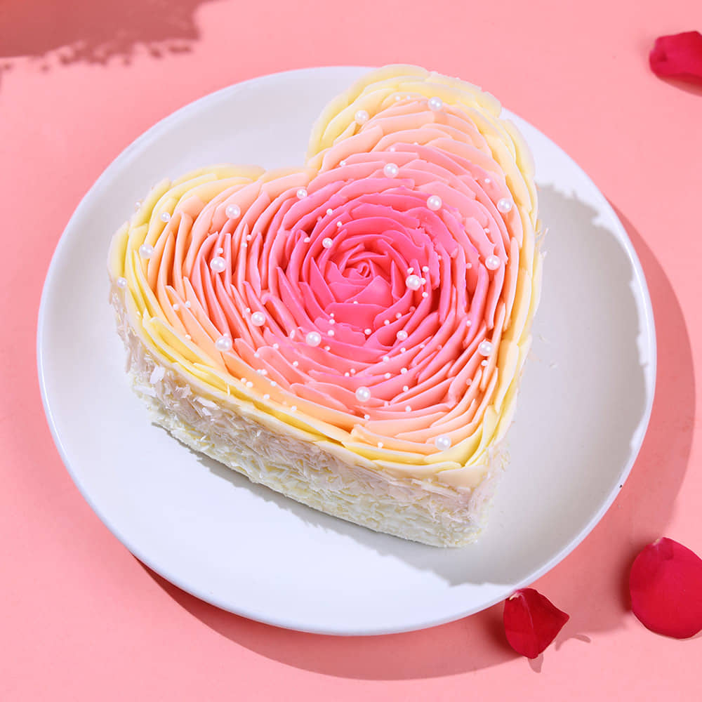 Top View of Rosy Petals Heart Cake