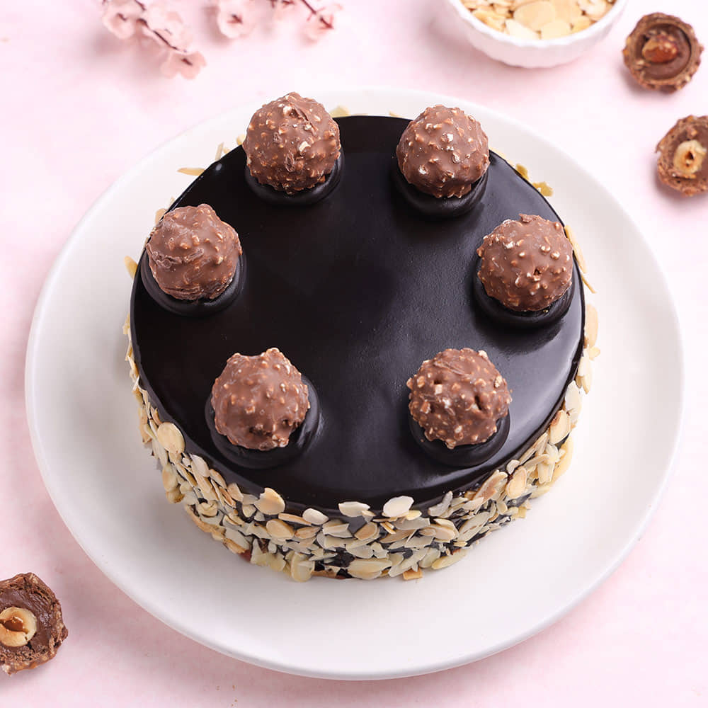 Top View of Chocolate Ferrero Rocher Almonds Cake