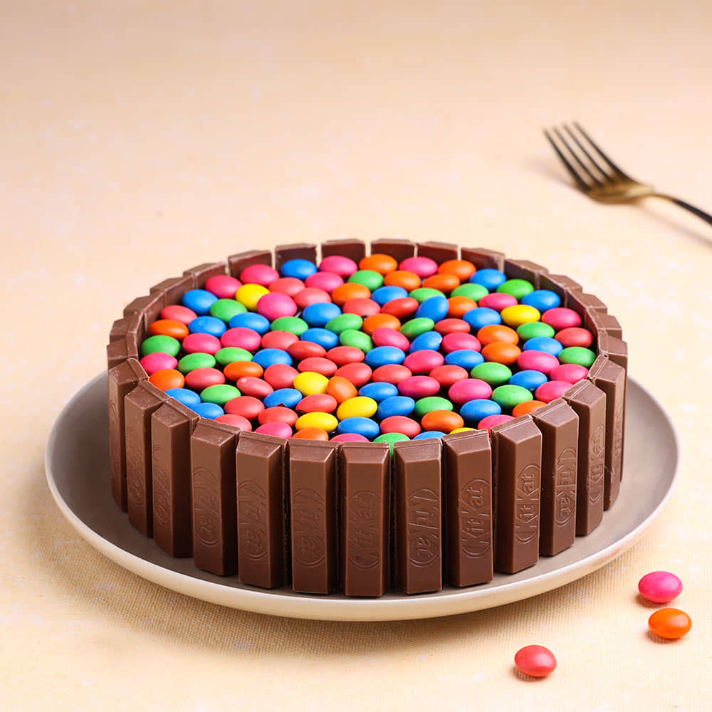 Front Angled View of Kitkat Cake N Gems Cake