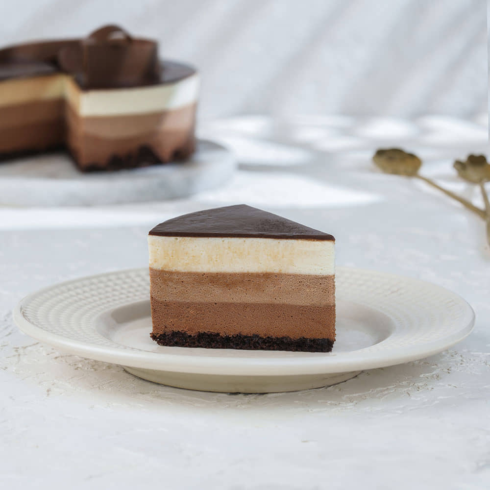 Sliced View of Trio Mousse Cake