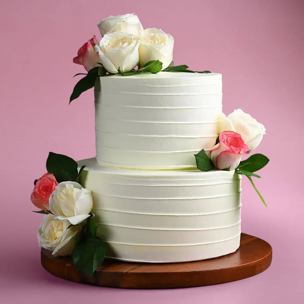Front View of Two Tier White Floral Cake