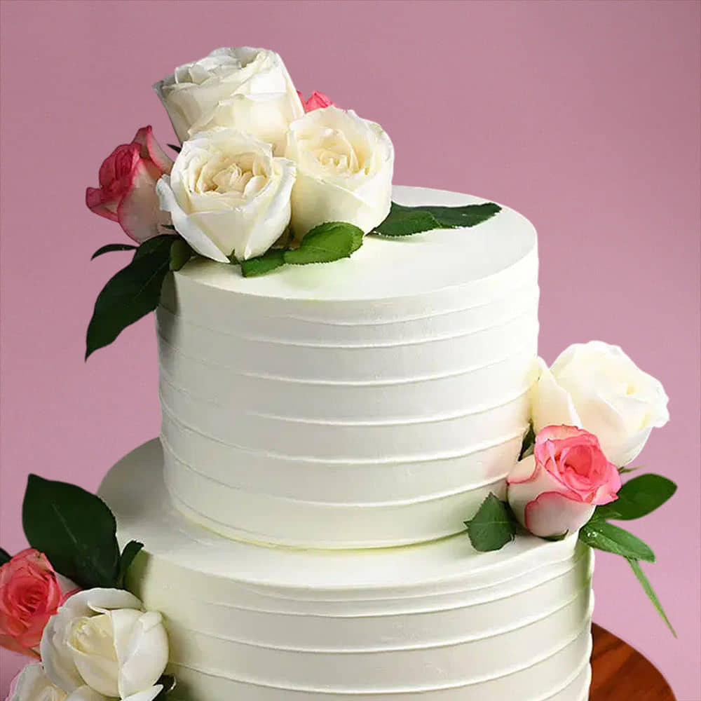 Top View of Two Tier White Floral Cake